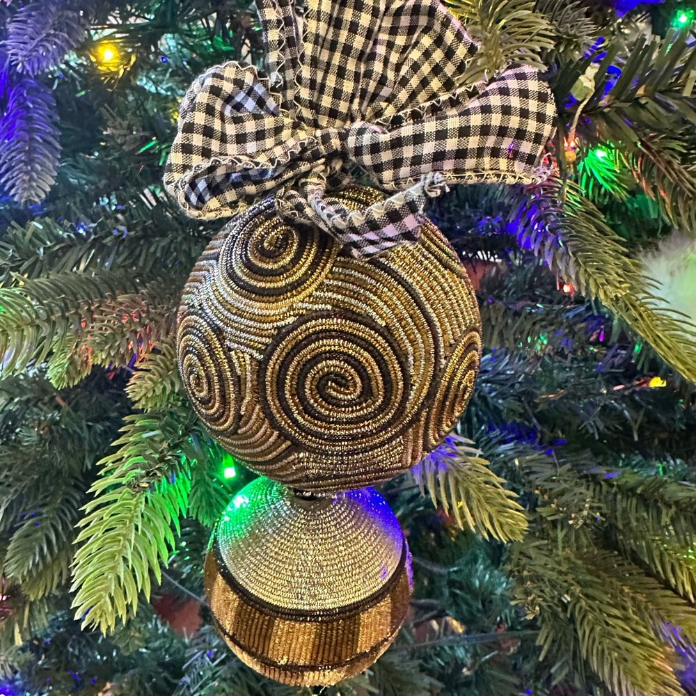 MacKenzie Childs Sparkling Gold and Black Beaded Ornament 8" Black Check ribbon
